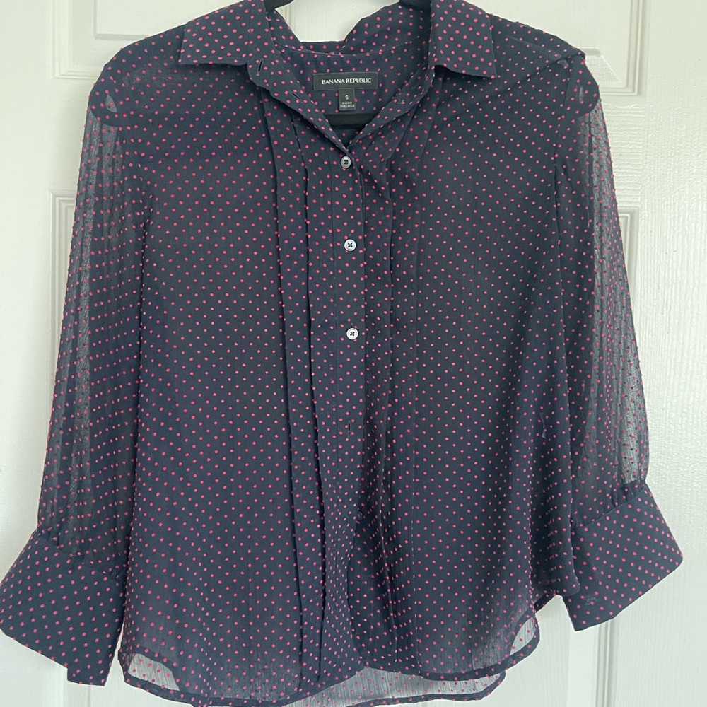 Banana Republic Navy Blouse with Pink Polka Dots